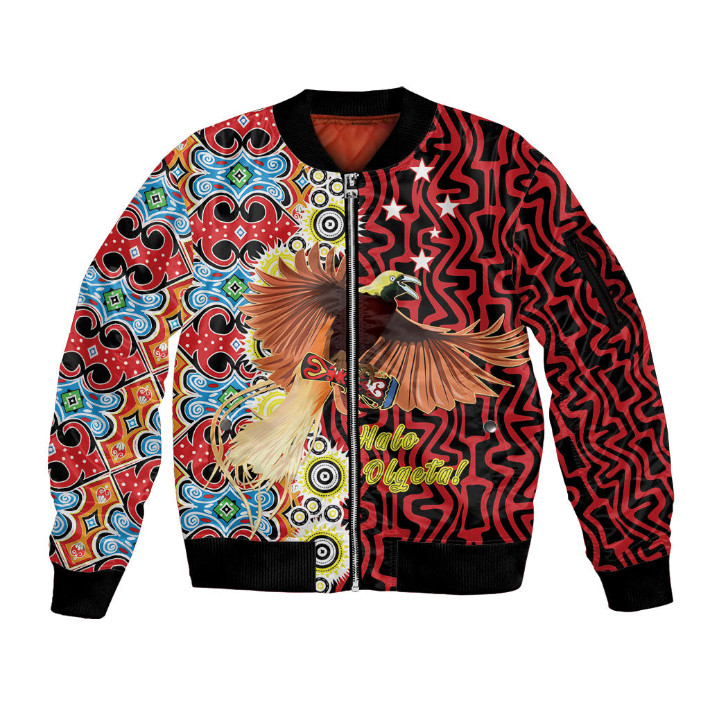 Personalised Papua New Guinea Pidgin Language Week Sleeve Zip Bomber Jacket Halo Olgeta Tok Pisin Wik Bird Of Paradise Oro Batik LT22 Unisex Red - Polynesian Pride