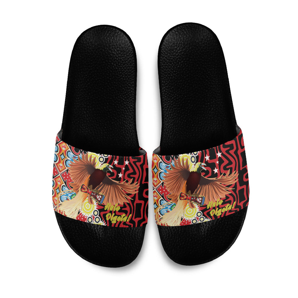 Papua New Guinea Pidgin Language Week Slide Sandals Halo Olgeta Tok Pisin Wik Bird Of Paradise Oro Batik LT22 Red - Polynesian Pride