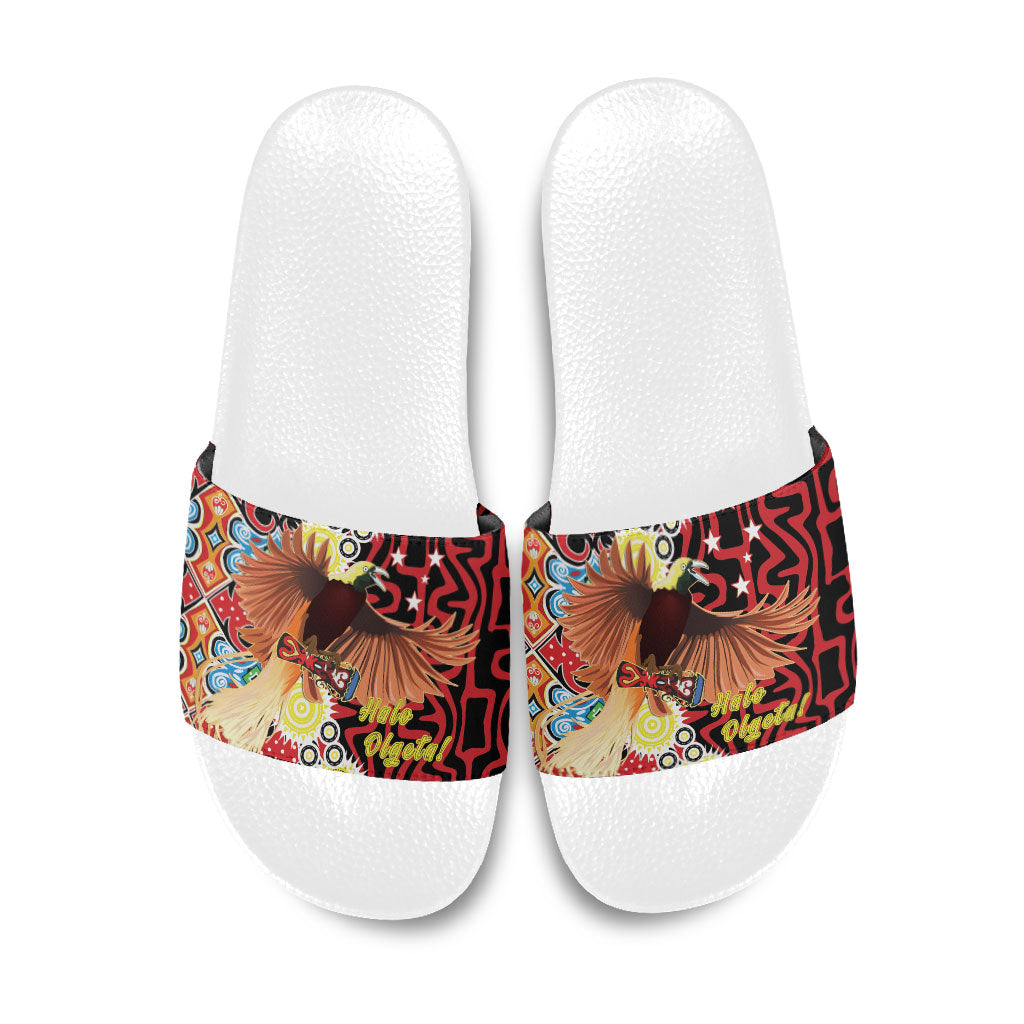 Papua New Guinea Pidgin Language Week Slide Sandals Halo Olgeta Tok Pisin Wik Bird Of Paradise Oro Batik LT22 Red - Polynesian Pride