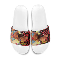 Papua New Guinea Pidgin Language Week Slide Sandals Halo Olgeta Tok Pisin Wik Bird Of Paradise Oro Batik LT22 Red - Polynesian Pride