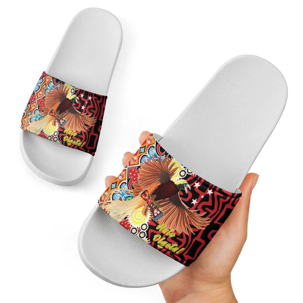 Papua New Guinea Pidgin Language Week Slide Sandals Halo Olgeta Tok Pisin Wik Bird Of Paradise Oro Batik LT22 - Polynesian Pride