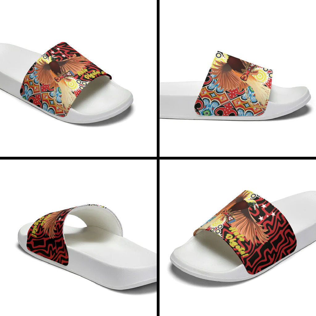 Papua New Guinea Pidgin Language Week Slide Sandals Halo Olgeta Tok Pisin Wik Bird Of Paradise Oro Batik LT22 - Polynesian Pride