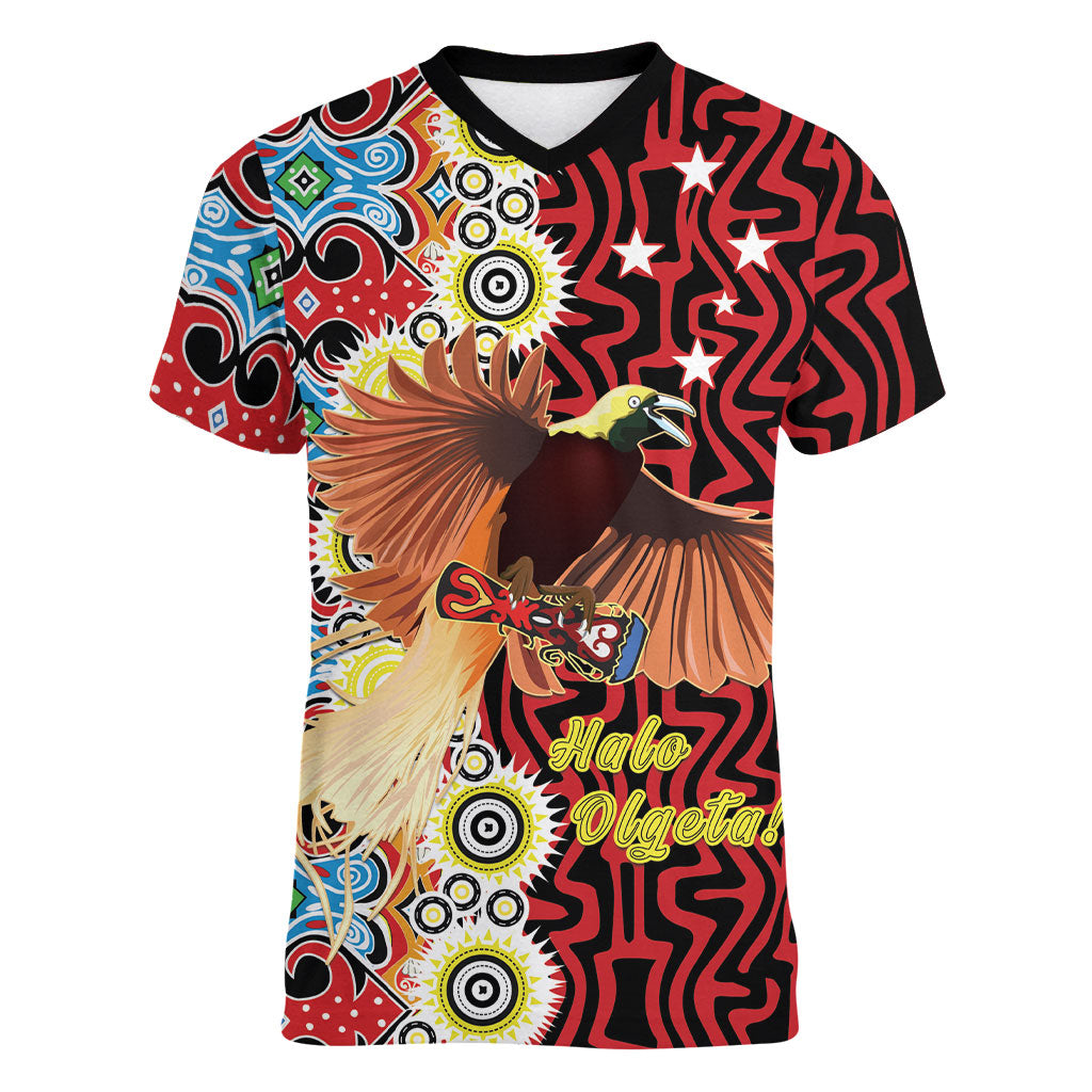 Personalised Papua New Guinea Pidgin Language Week Women V-Neck T-Shirt Halo Olgeta Tok Pisin Wik Bird Of Paradise Oro Batik LT22 Female Red - Polynesian Pride
