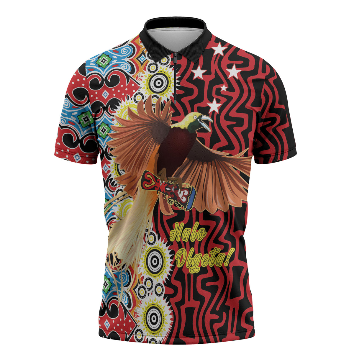 Personalised Papua New Guinea Pidgin Language Week Zipper Polo Shirt Halo Olgeta Tok Pisin Wik Bird Of Paradise Oro Batik LT22 Red - Polynesian Pride