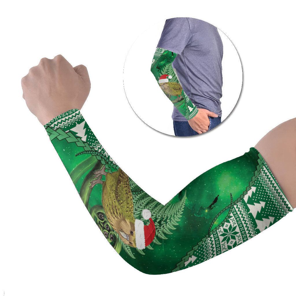 New Zealand Kakapo Christmas In July Arm Sleeves Silver Fern Santa Xmas Green Color LT22 Set of 2 Green - Polynesian Pride
