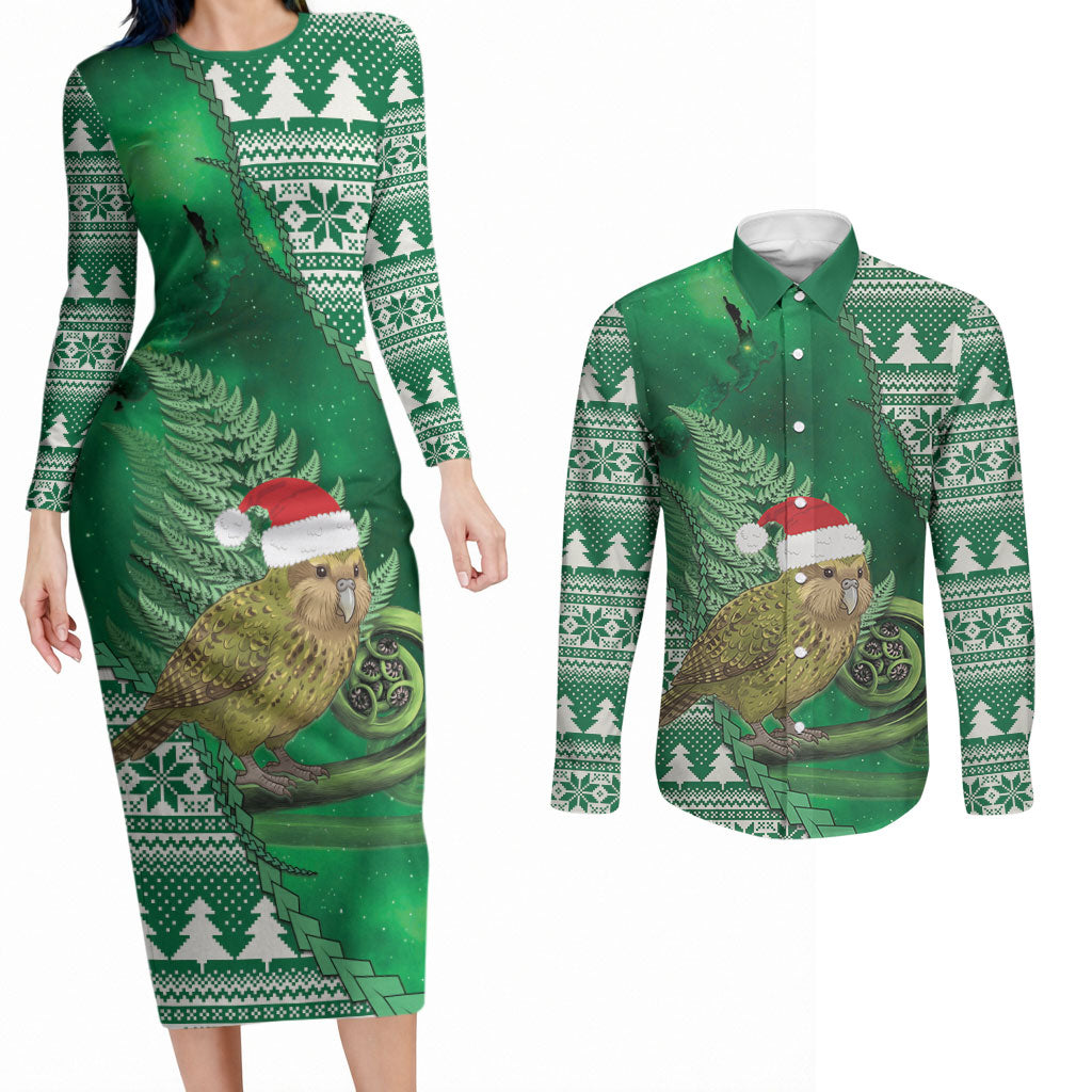 New Zealand Kakapo Christmas In July Couples Matching Long Sleeve Bodycon Dress and Long Sleeve Button Shirt Silver Fern Santa Xmas Green Color LT22 Green - Polynesian Pride
