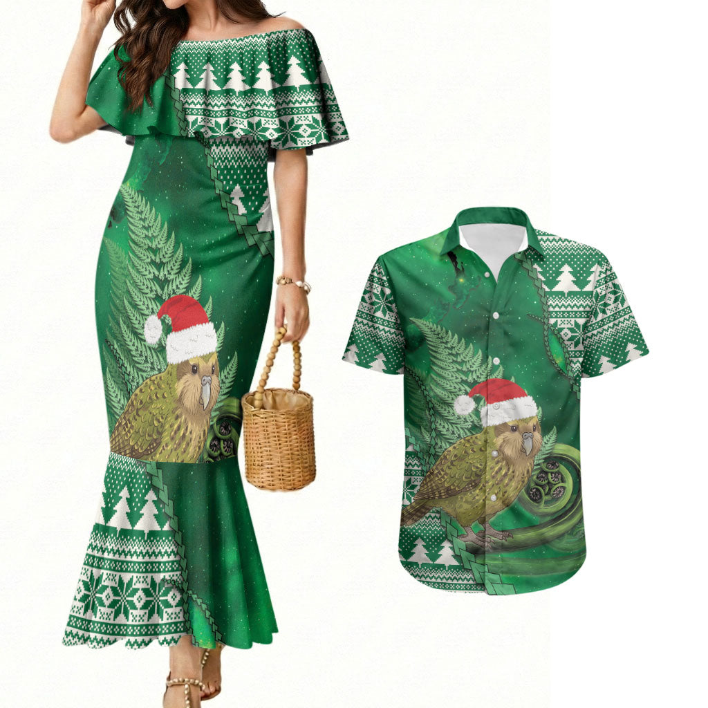 New Zealand Kakapo Christmas In July Couples Matching Mermaid Dress and Hawaiian Shirt Silver Fern Santa Xmas Green Color LT22 Green - Polynesian Pride
