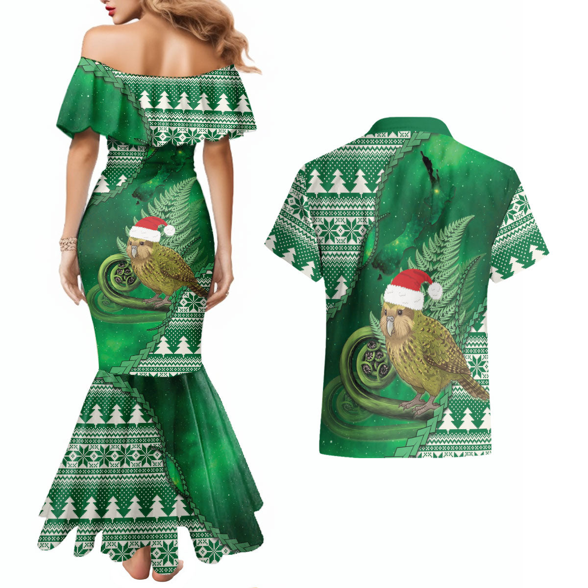 New Zealand Kakapo Christmas In July Couples Matching Mermaid Dress and Hawaiian Shirt Silver Fern Santa Xmas Green Color LT22 - Polynesian Pride