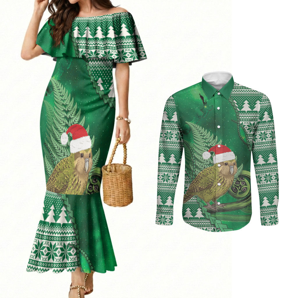 New Zealand Kakapo Christmas In July Couples Matching Mermaid Dress and Long Sleeve Button Shirt Silver Fern Santa Xmas Green Color LT22 Green - Polynesian Pride