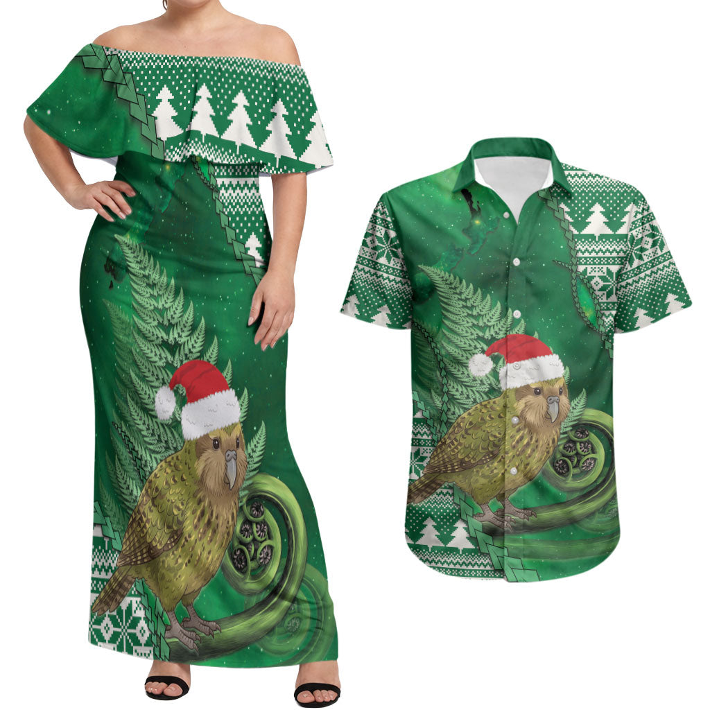 New Zealand Kakapo Christmas In July Couples Matching Off Shoulder Maxi Dress and Hawaiian Shirt Silver Fern Santa Xmas Green Color LT22 Green - Polynesian Pride
