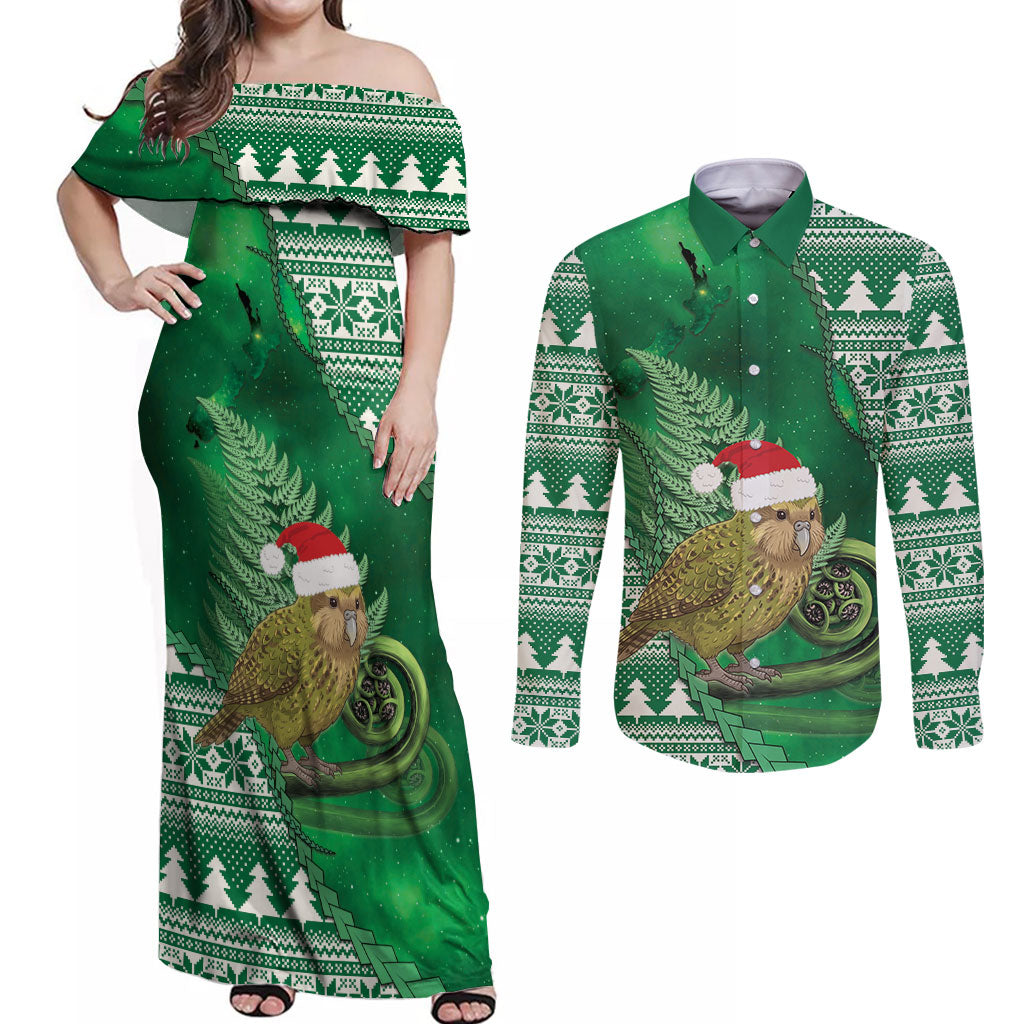 New Zealand Kakapo Christmas In July Couples Matching Off Shoulder Maxi Dress and Long Sleeve Button Shirt Silver Fern Santa Xmas Green Color