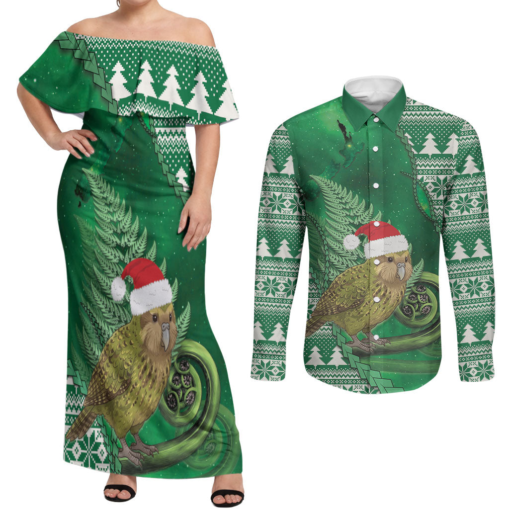 New Zealand Kakapo Christmas In July Couples Matching Off Shoulder Maxi Dress and Long Sleeve Button Shirt Silver Fern Santa Xmas Green Color LT22 Green - Polynesian Pride