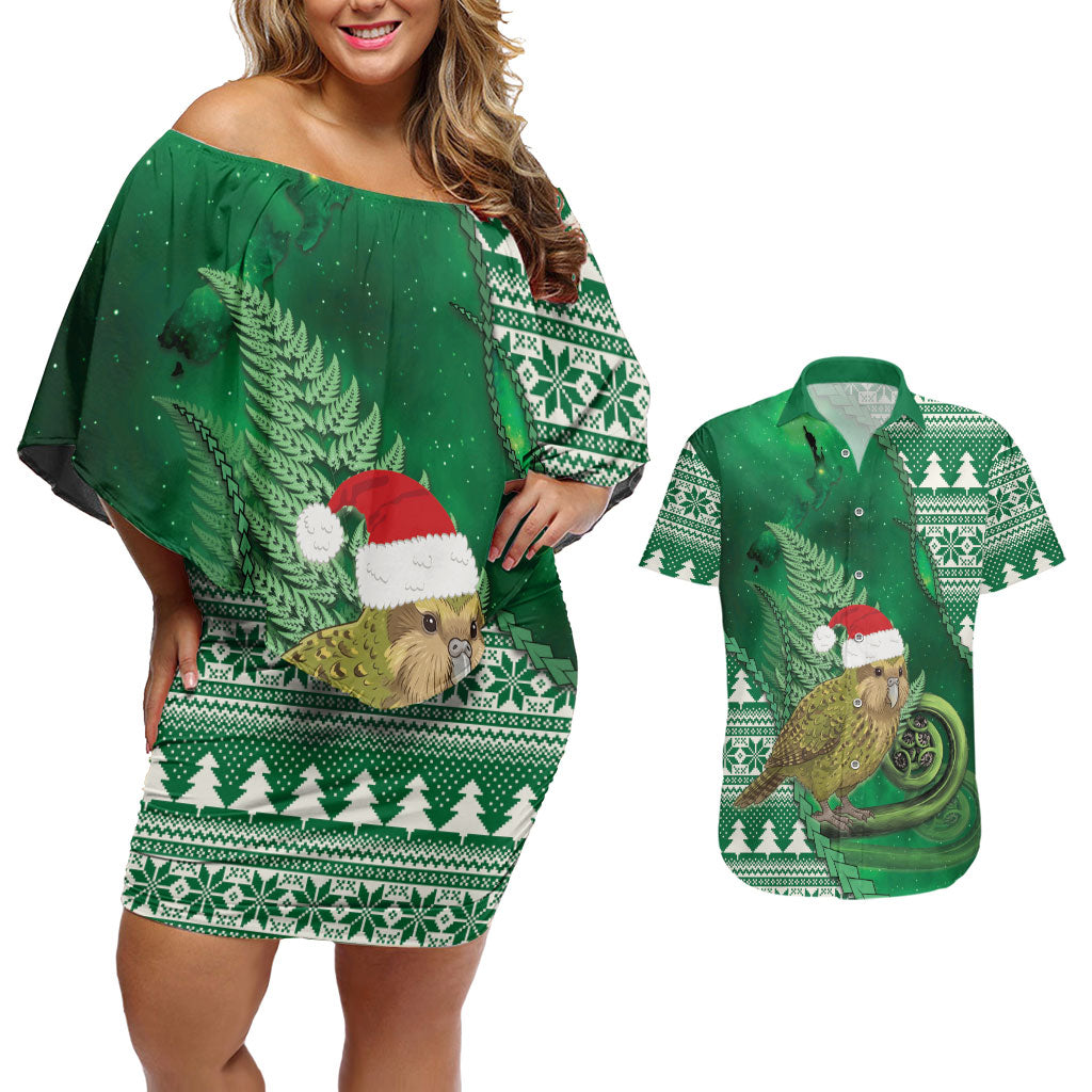 New Zealand Kakapo Christmas In July Couples Matching Off Shoulder Short Dress and Hawaiian Shirt Silver Fern Santa Xmas Green Color LT22 Green - Polynesian Pride