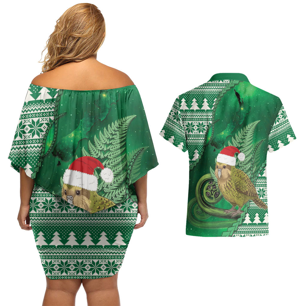 New Zealand Kakapo Christmas In July Couples Matching Off Shoulder Short Dress and Hawaiian Shirt Silver Fern Santa Xmas Green Color LT22 - Polynesian Pride