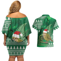 New Zealand Kakapo Christmas In July Couples Matching Off Shoulder Short Dress and Hawaiian Shirt Silver Fern Santa Xmas Green Color LT22 - Polynesian Pride