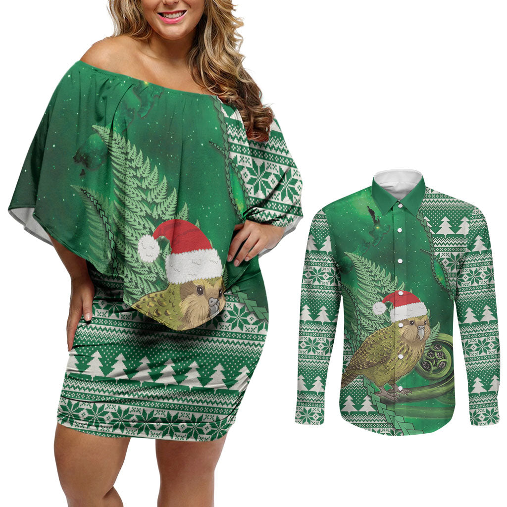 New Zealand Kakapo Christmas In July Couples Matching Off Shoulder Short Dress and Long Sleeve Button Shirt Silver Fern Santa Xmas Green Color LT22 Green - Polynesian Pride