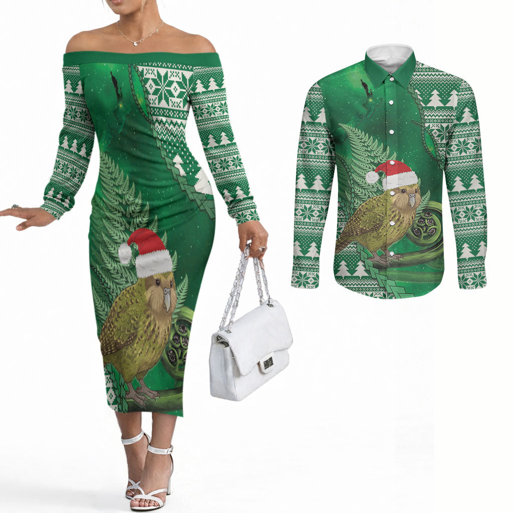 New Zealand Kakapo Christmas In July Couples Matching Off The Shoulder Long Sleeve Dress and Long Sleeve Button Shirt Silver Fern Santa Xmas Green Color LT22 Green - Polynesian Pride