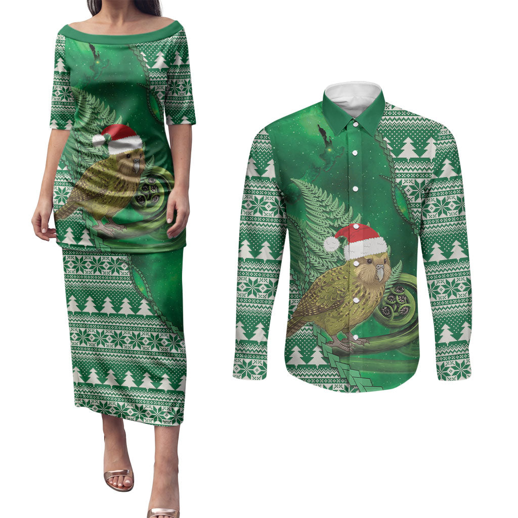 New Zealand Kakapo Christmas In July Couples Matching Puletasi and Long Sleeve Button Shirt Silver Fern Santa Xmas Green Color LT22 Green - Polynesian Pride