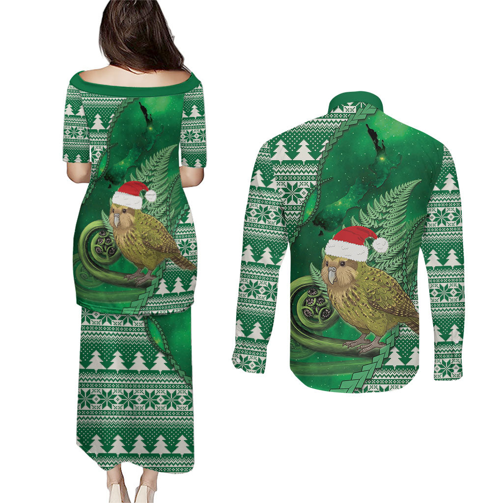 New Zealand Kakapo Christmas In July Couples Matching Puletasi and Long Sleeve Button Shirt Silver Fern Santa Xmas Green Color LT22 - Polynesian Pride