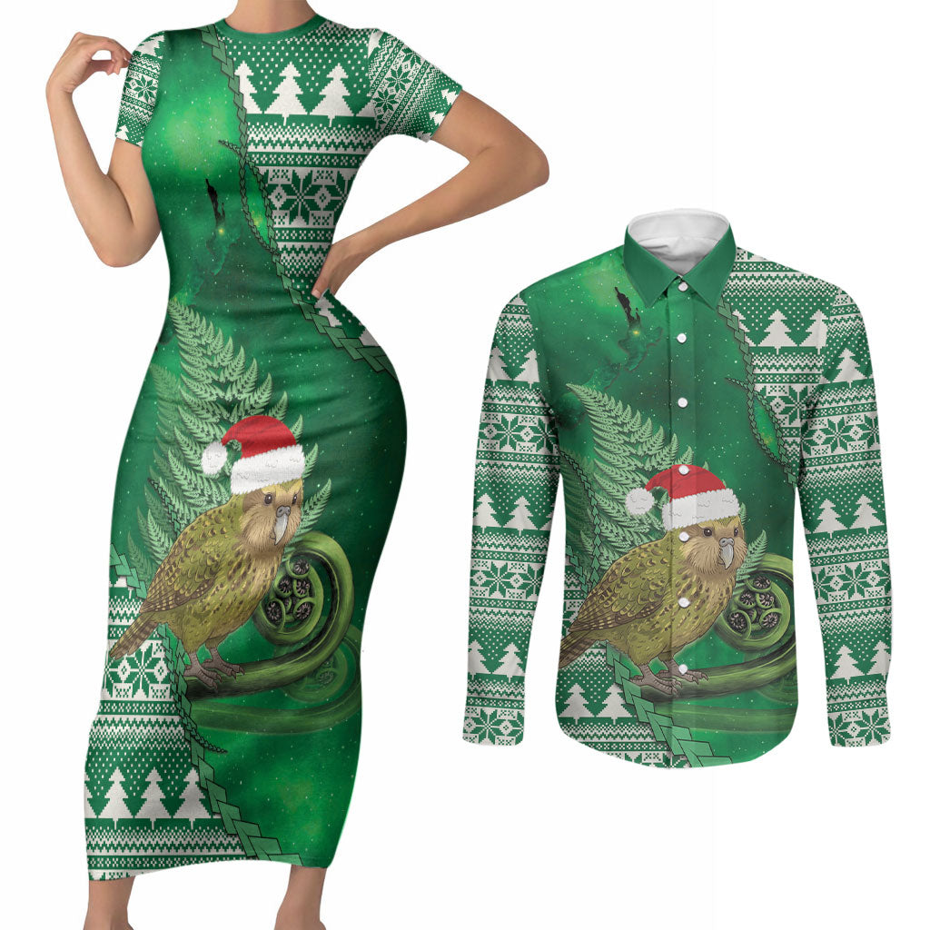 New Zealand Kakapo Christmas In July Couples Matching Short Sleeve Bodycon Dress and Long Sleeve Button Shirt Silver Fern Santa Xmas Green Color LT22 Green - Polynesian Pride