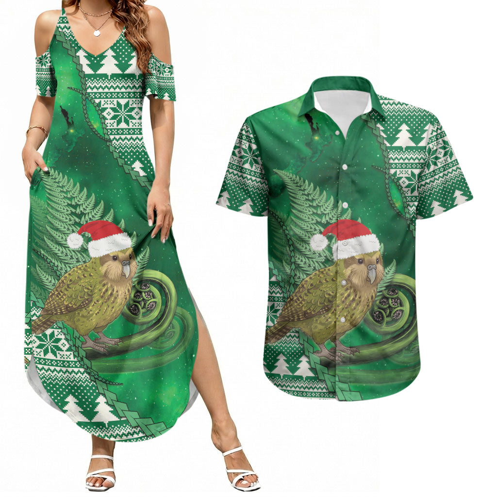 New Zealand Kakapo Christmas In July Couples Matching Summer Maxi Dress and Hawaiian Shirt Silver Fern Santa Xmas Green Color LT22 Green - Polynesian Pride