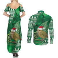 New Zealand Kakapo Christmas In July Couples Matching Summer Maxi Dress and Long Sleeve Button Shirt Silver Fern Santa Xmas Green Color