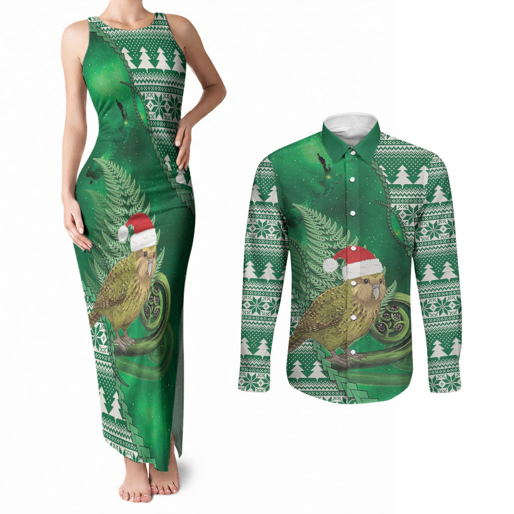 New Zealand Kakapo Christmas In July Couples Matching Tank Maxi Dress and Long Sleeve Button Shirt Silver Fern Santa Xmas Green Color LT22 Green - Polynesian Pride