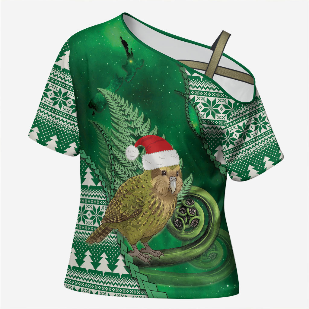 New Zealand Kakapo Christmas In July Cross Shoulder Shirt Silver Fern Santa Xmas Green Color LT22 Female Green - Polynesian Pride
