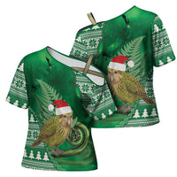 New Zealand Kakapo Christmas In July Cross Shoulder Shirt Silver Fern Santa Xmas Green Color