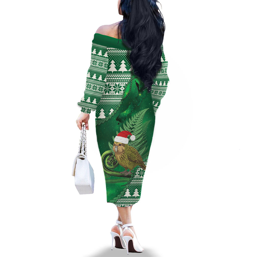 New Zealand Kakapo Christmas In July Family Matching Off The Shoulder Long Sleeve Dress and Hawaiian Shirt Silver Fern Santa Xmas Green Color LT22 - Polynesian Pride