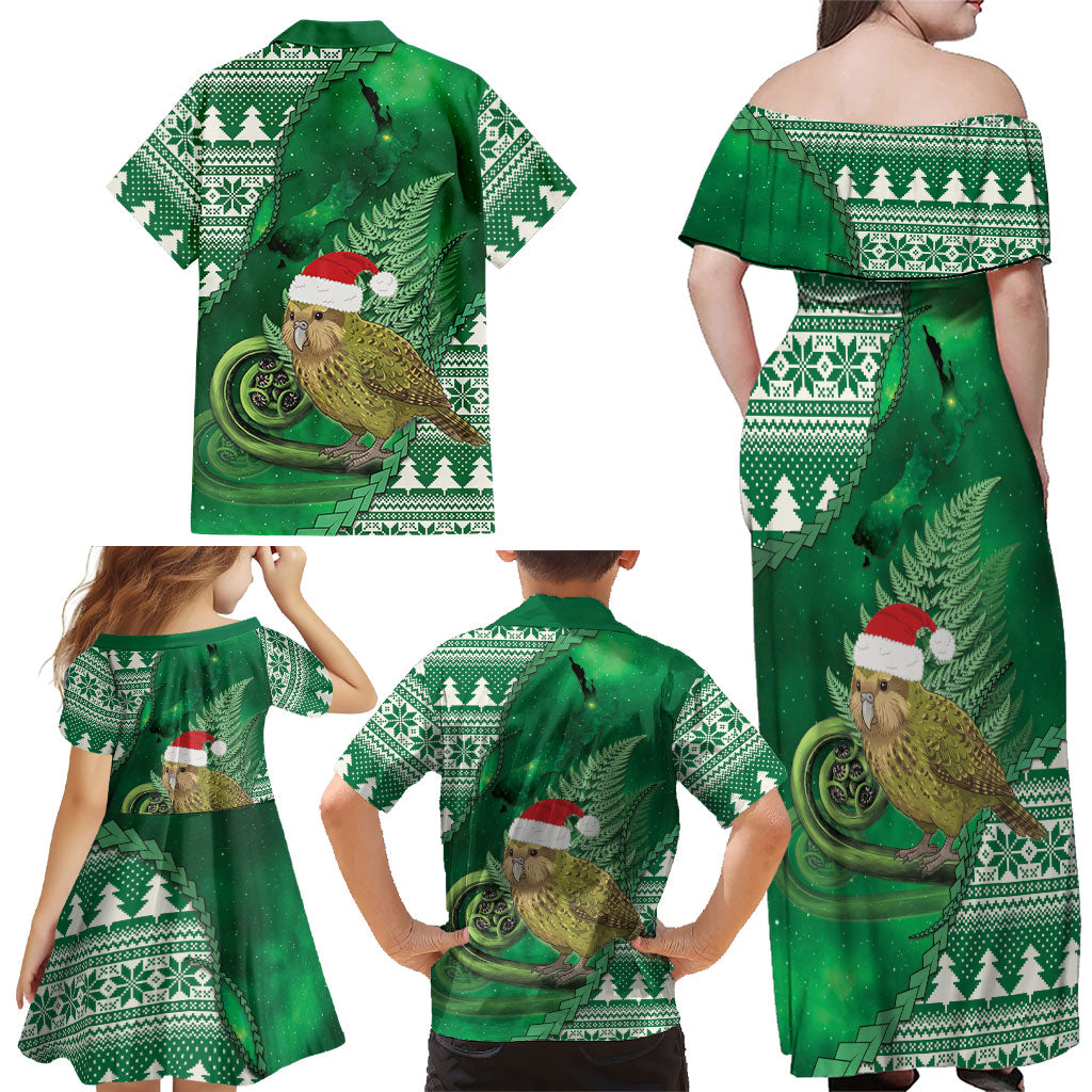New Zealand Kakapo Christmas In July Family Matching Off Shoulder Maxi Dress and Hawaiian Shirt Silver Fern Santa Xmas Green Color LT22 - Polynesian Pride