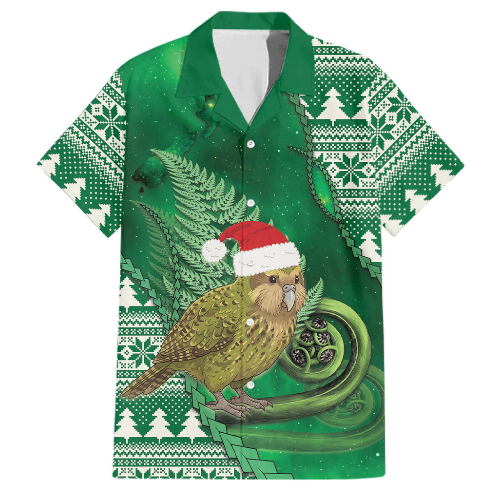 New Zealand Kakapo Christmas In July Family Matching Off Shoulder Maxi Dress and Hawaiian Shirt Silver Fern Santa Xmas Green Color LT22 Dad's Shirt - Short Sleeve Green - Polynesian Pride
