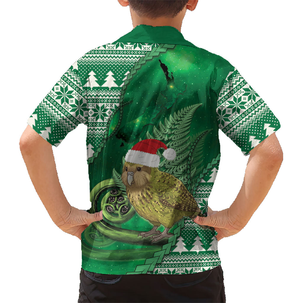 New Zealand Kakapo Christmas In July Family Matching Off Shoulder Short Dress and Hawaiian Shirt Silver Fern Santa Xmas Green Color LT22 - Polynesian Pride