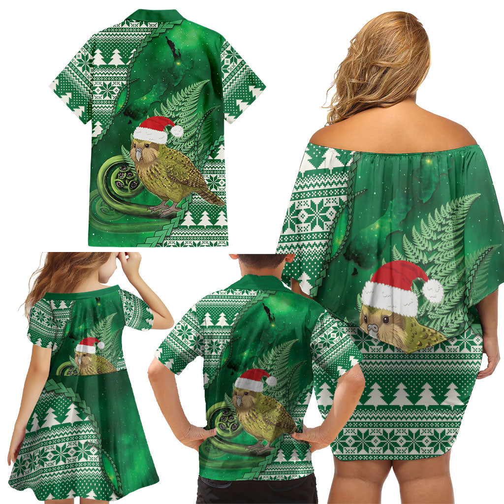 New Zealand Kakapo Christmas In July Family Matching Off Shoulder Short Dress and Hawaiian Shirt Silver Fern Santa Xmas Green Color LT22 - Polynesian Pride