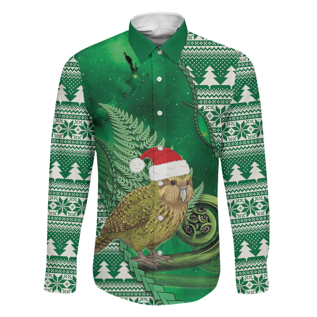 New Zealand Kakapo Christmas In July Family Matching Off Shoulder Short Dress and Hawaiian Shirt Silver Fern Santa Xmas Green Color LT22 Dad's Shirt - Long Sleeve Green - Polynesian Pride