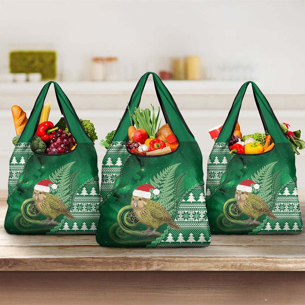 New Zealand Kakapo Christmas In July Grocery Bag Silver Fern Santa Xmas Green Color LT22 3-pack One Size Green - Polynesian Pride
