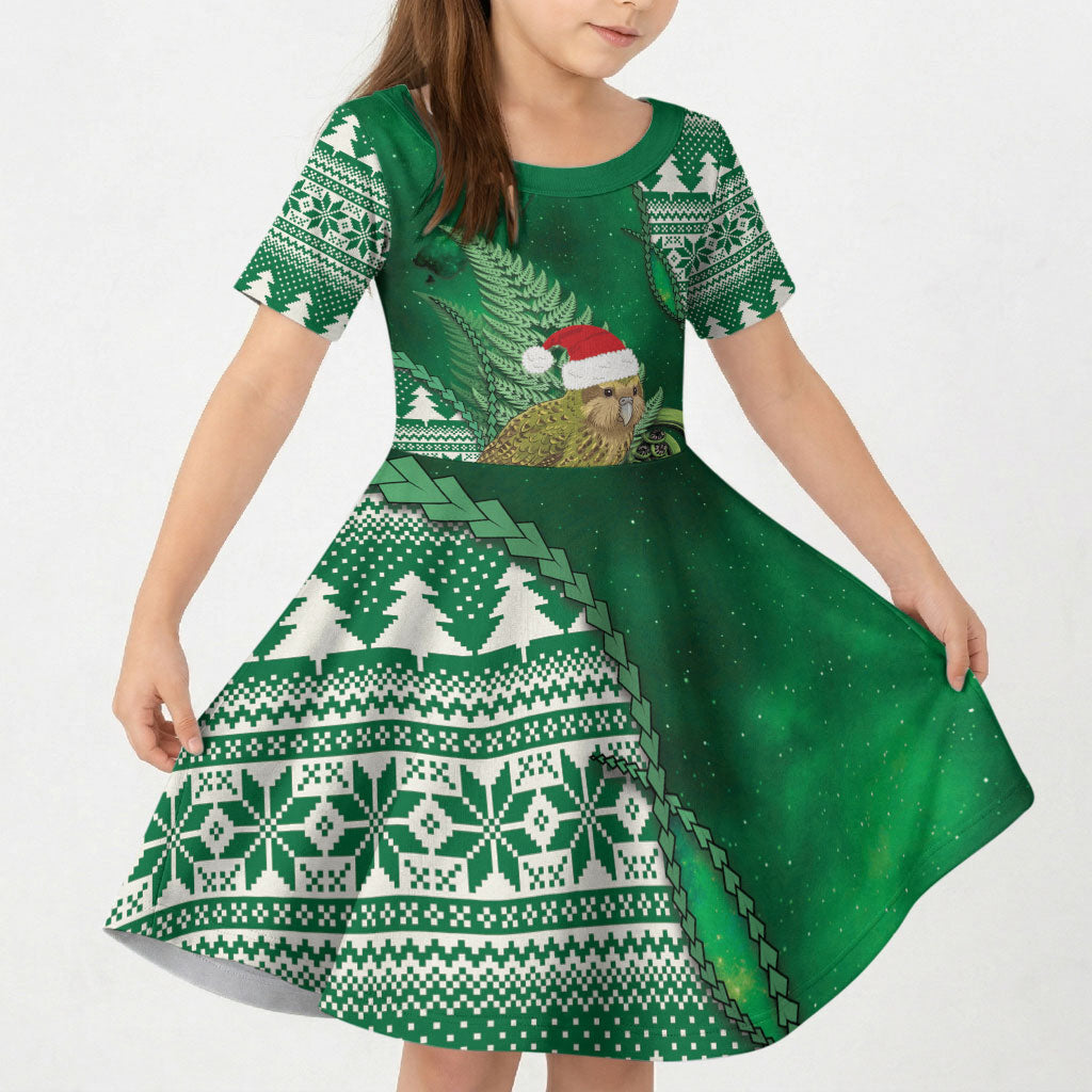 New Zealand Kakapo Christmas In July Kid Short Sleeve Dress Silver Fern Santa Xmas Green Color LT22 KID Green - Polynesian Pride