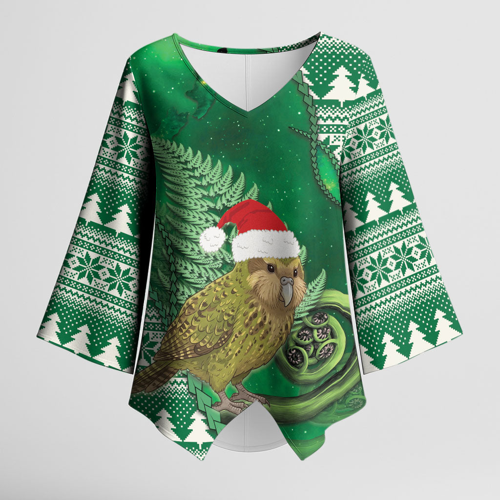 New Zealand Kakapo Christmas In July Kimono Sleeve Blouse Silver Fern Santa Xmas Green Color LT22 Female Green - Polynesian Pride