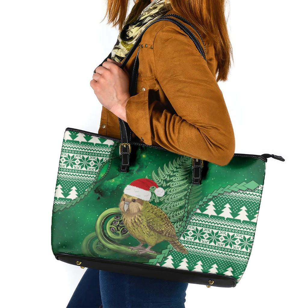 New Zealand Kakapo Christmas In July Leather Tote Bag Silver Fern Santa Xmas Green Color LT22 Green - Polynesian Pride