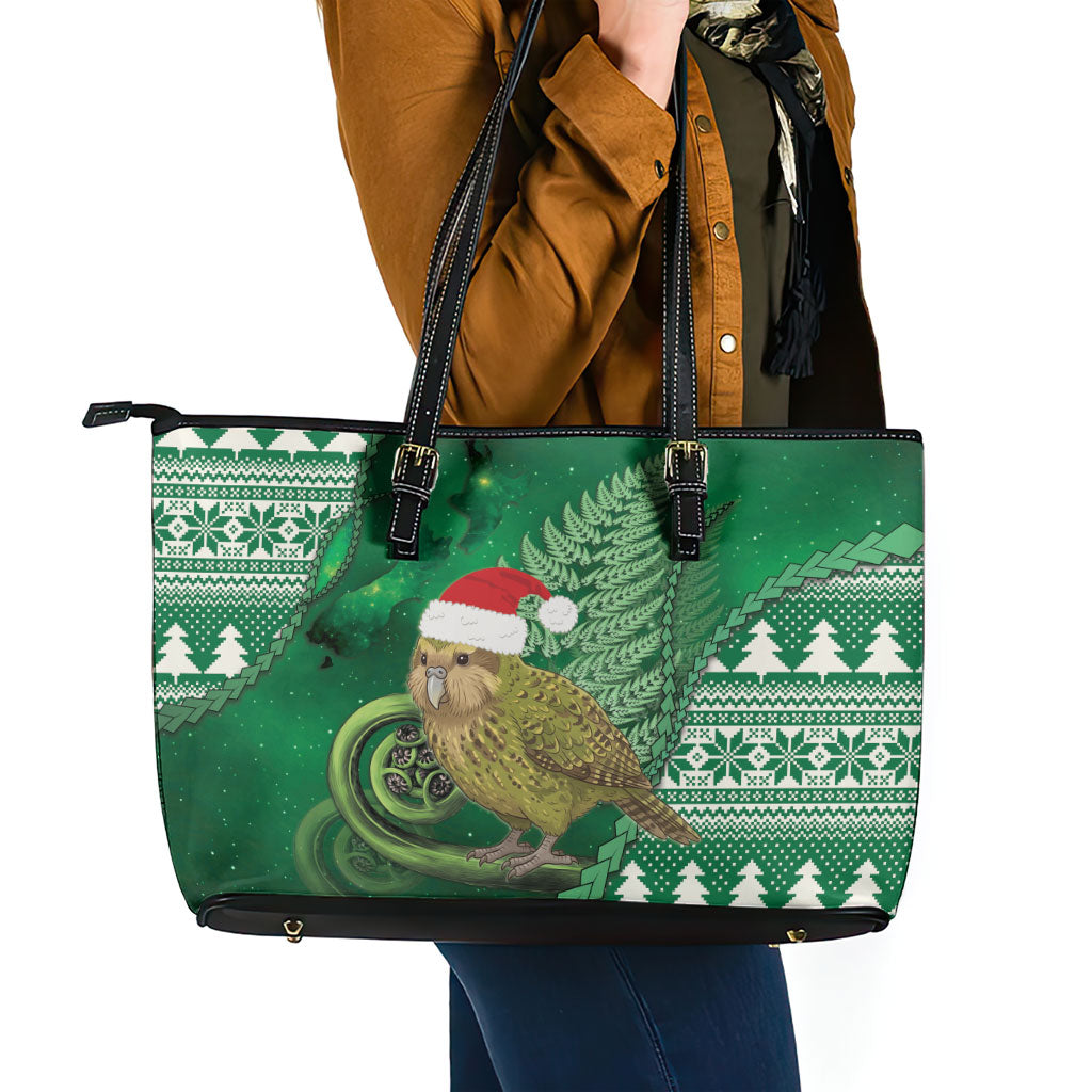 New Zealand Kakapo Christmas In July Leather Tote Bag Silver Fern Santa Xmas Green Color LT22 - Polynesian Pride