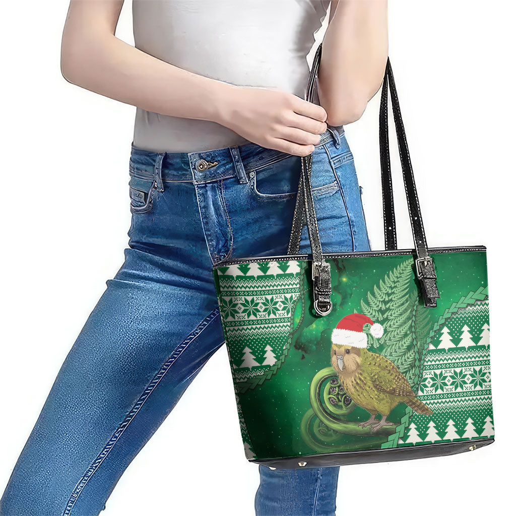New Zealand Kakapo Christmas In July Leather Tote Bag Silver Fern Santa Xmas Green Color LT22 - Polynesian Pride