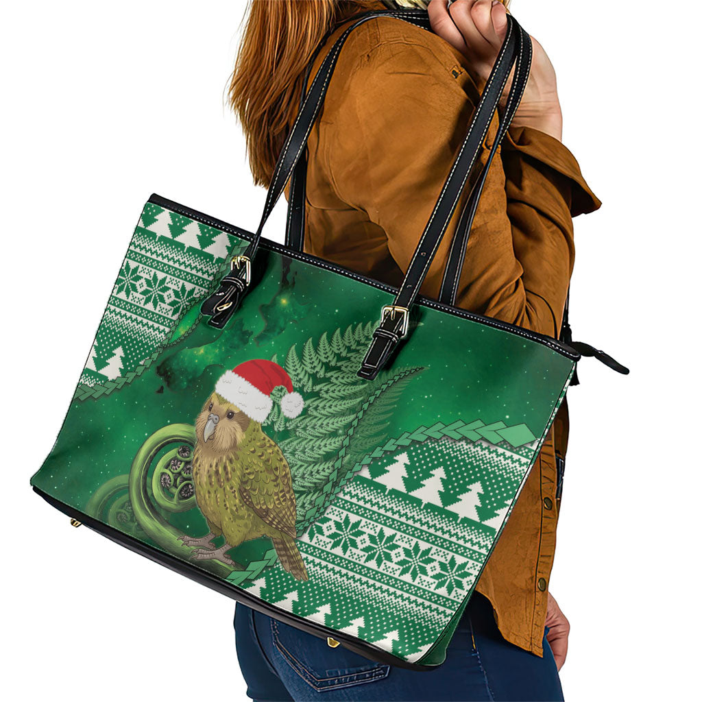 New Zealand Kakapo Christmas In July Leather Tote Bag Silver Fern Santa Xmas Green Color LT22 - Polynesian Pride