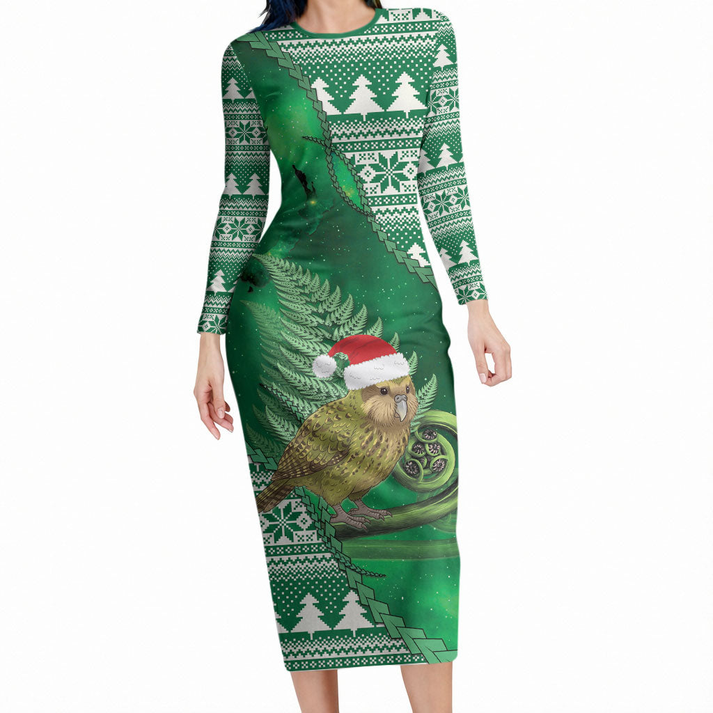 New Zealand Kakapo Christmas In July Long Sleeve Bodycon Dress Silver Fern Santa Xmas Green Color LT22 Long Dress Green - Polynesian Pride