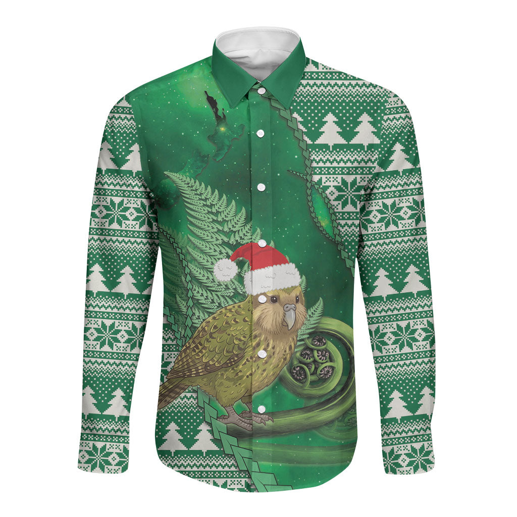 New Zealand Kakapo Christmas In July Long Sleeve Button Shirt Silver Fern Santa Xmas Green Color LT22 Unisex Green - Polynesian Pride