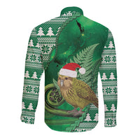 New Zealand Kakapo Christmas In July Long Sleeve Button Shirt Silver Fern Santa Xmas Green Color