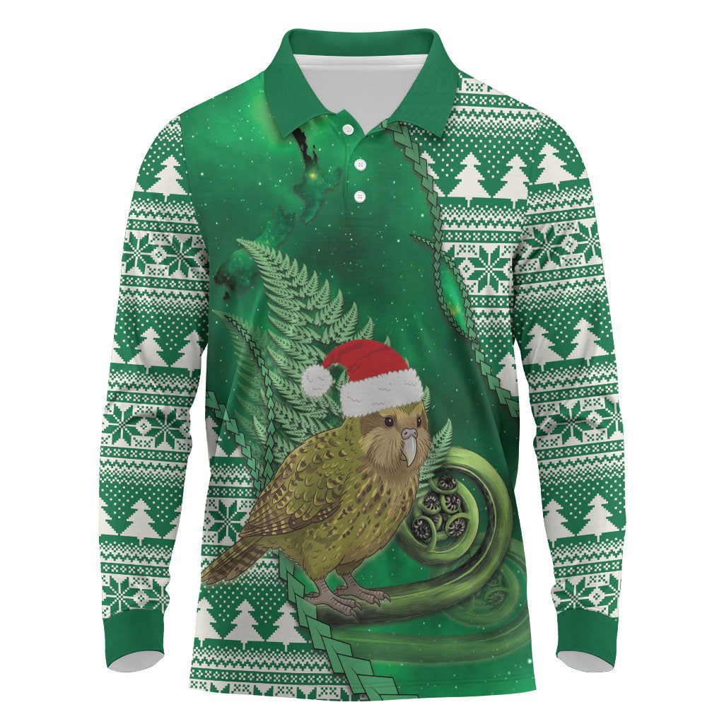 New Zealand Kakapo Christmas In July Long Sleeve Polo Shirt Silver Fern Santa Xmas Green Color LT22 Green - Polynesian Pride