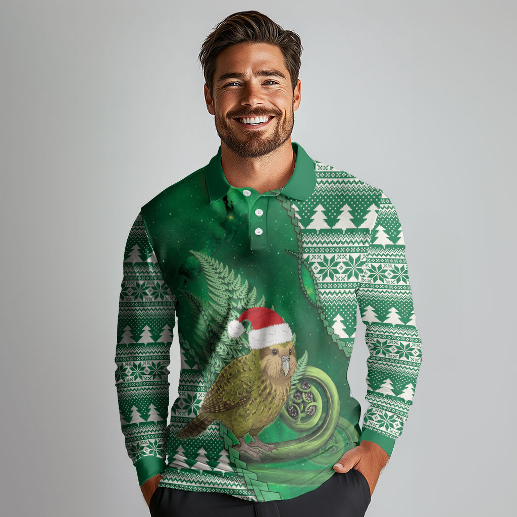 New Zealand Kakapo Christmas In July Long Sleeve Polo Shirt Silver Fern Santa Xmas Green Color