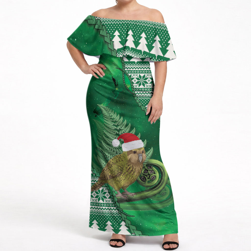 New Zealand Kakapo Christmas In July Off Shoulder Maxi Dress Silver Fern Santa Xmas Green Color LT22 Women Green - Polynesian Pride