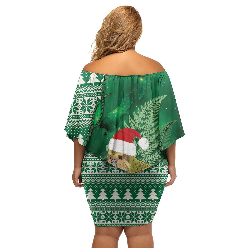 New Zealand Kakapo Christmas In July Off Shoulder Short Dress Silver Fern Santa Xmas Green Color