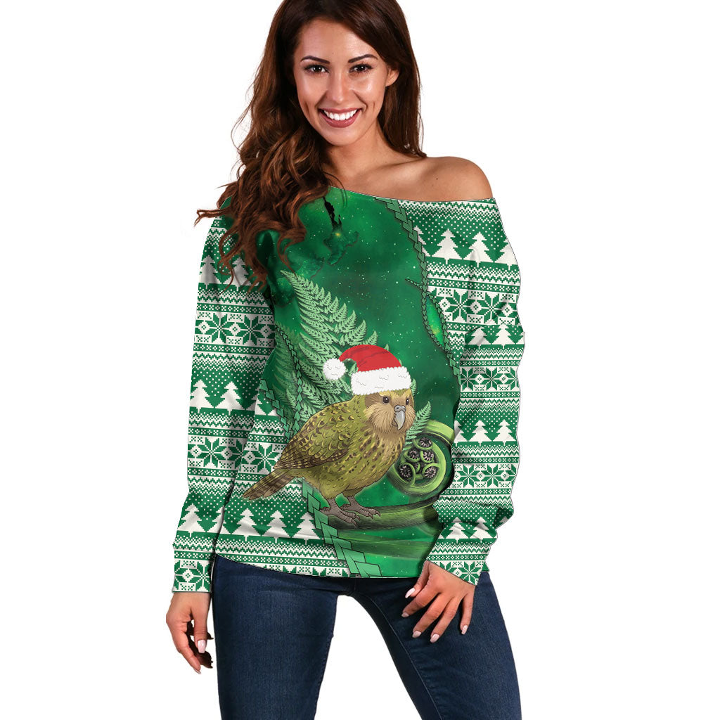 New Zealand Kakapo Christmas In July Off Shoulder Sweater Silver Fern Santa Xmas Green Color LT22 Women Green - Polynesian Pride
